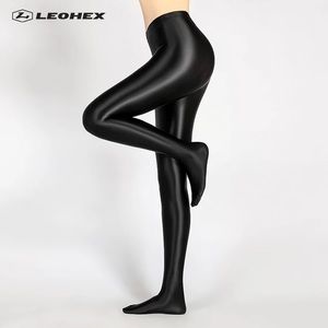 Leohex Satin Glossy Opaque Black Footed Tights LG
